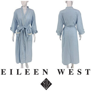 Eileen West Sz S/M French Blue Seersucker Kimono Style Robe Dressing Gown Belted